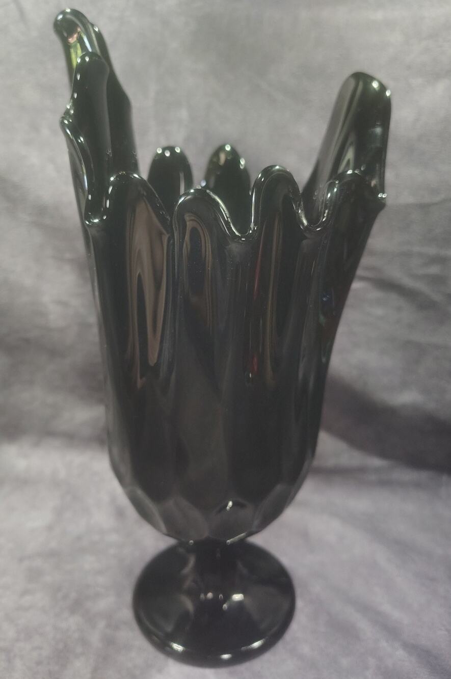 Vtg Fenton Art Glass Opaque Black Thumbprint Vase Handkerchief Top 10"